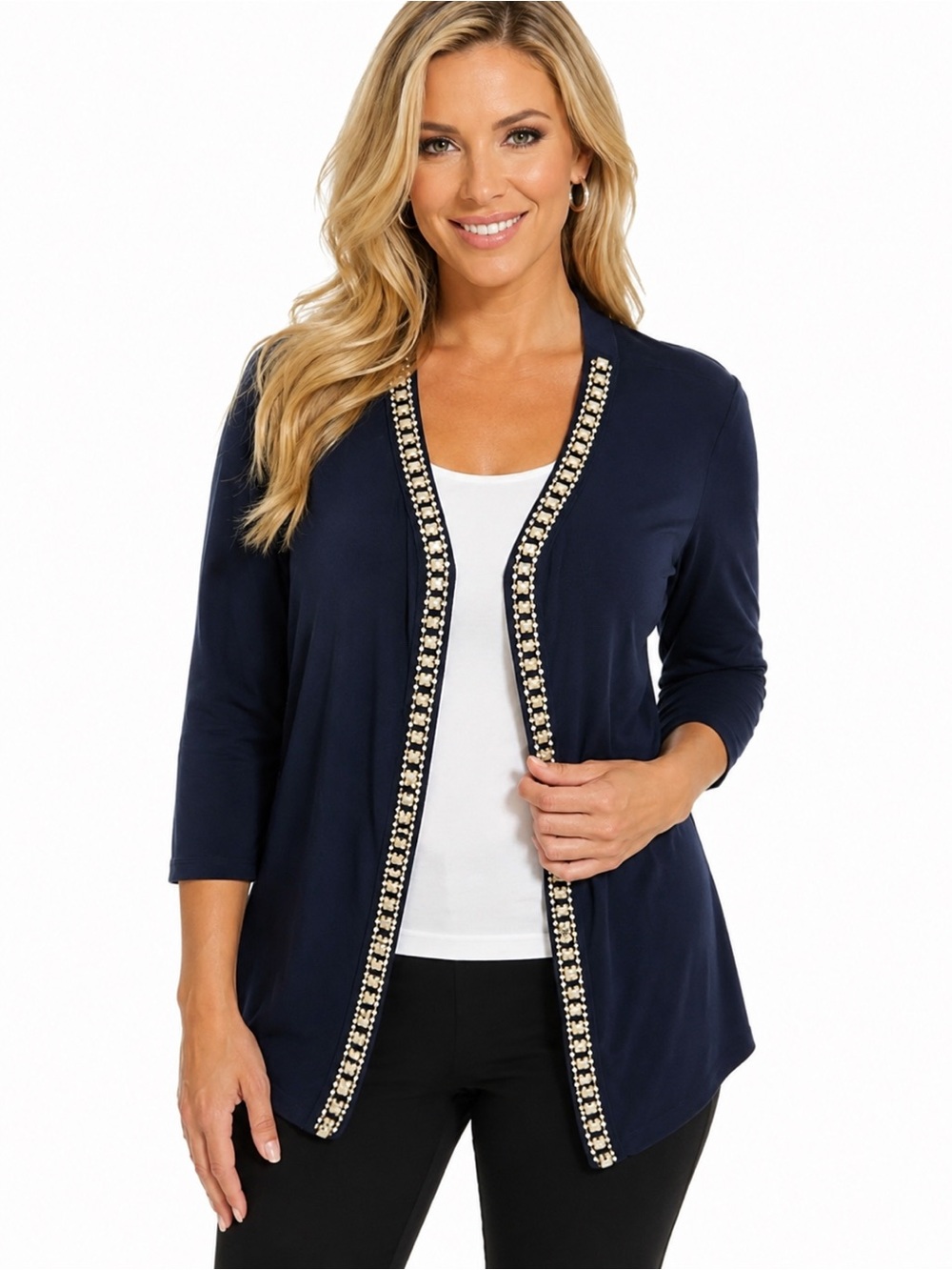 Rafaella Women’s XL Navy Blue Embellished Open Front Cardigan Beaded Trim